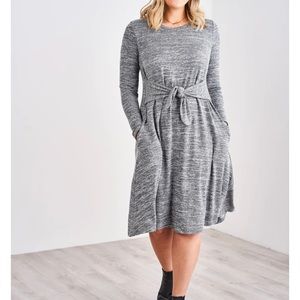 This is the Latched Mama Midi Sweater Nursing Dress in dark heathered charcoal